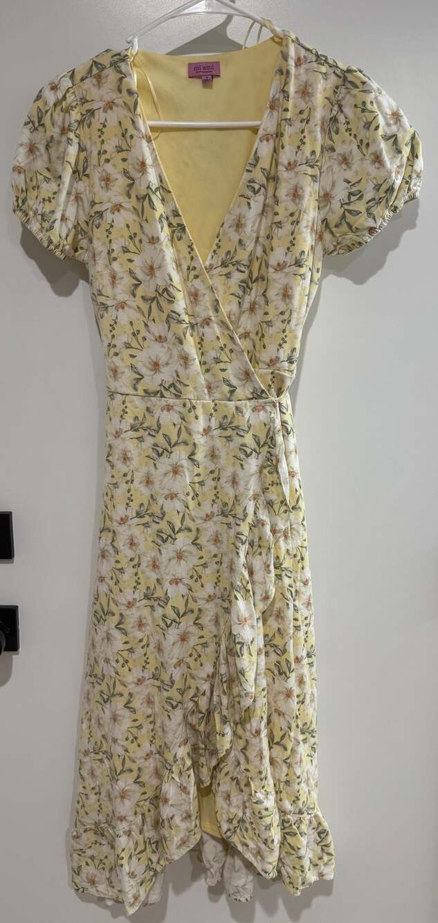 Francesca's Yellow Floral Wrap Midi Dress Size S